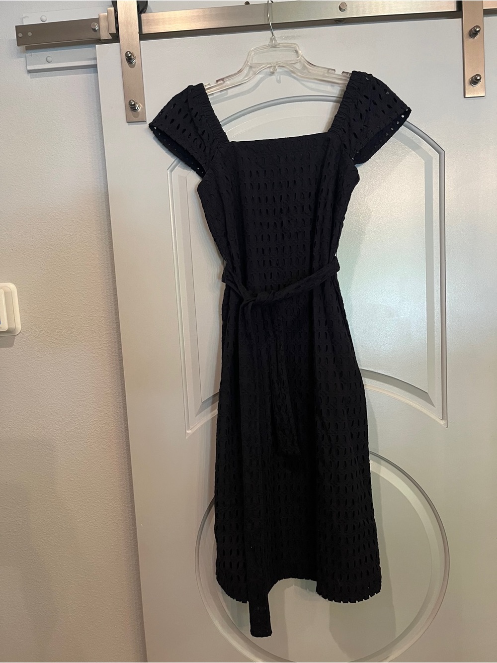 Ann Taylor Mavy Blue Eyelet Midi Dress with Square Neck and sash. So preppy!